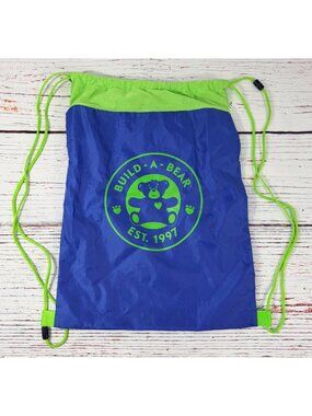 Build-A-Bear Blue & Green Drawstring Backpack  Rucksack Carrier Logo Design Ligh
